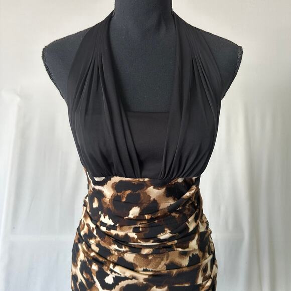 Saint Tropez West Leopard Print Rouched Mesh Strap Halter Mini Dress Size 4 - Picture 2 of 6